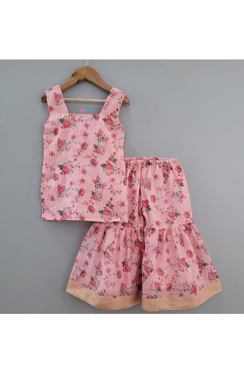 Pink Floral Printed Sleeveless Kurta With Sharara Set