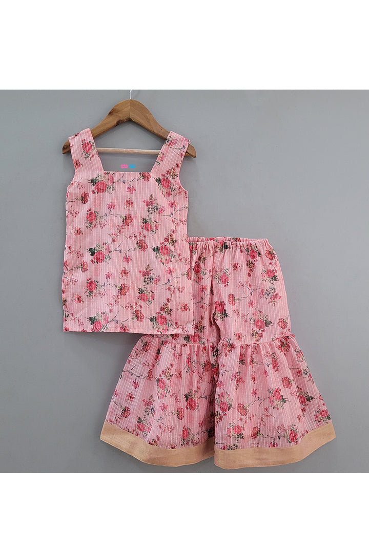 Pink Floral Printed Sleeveless Kurta With Sharara Set