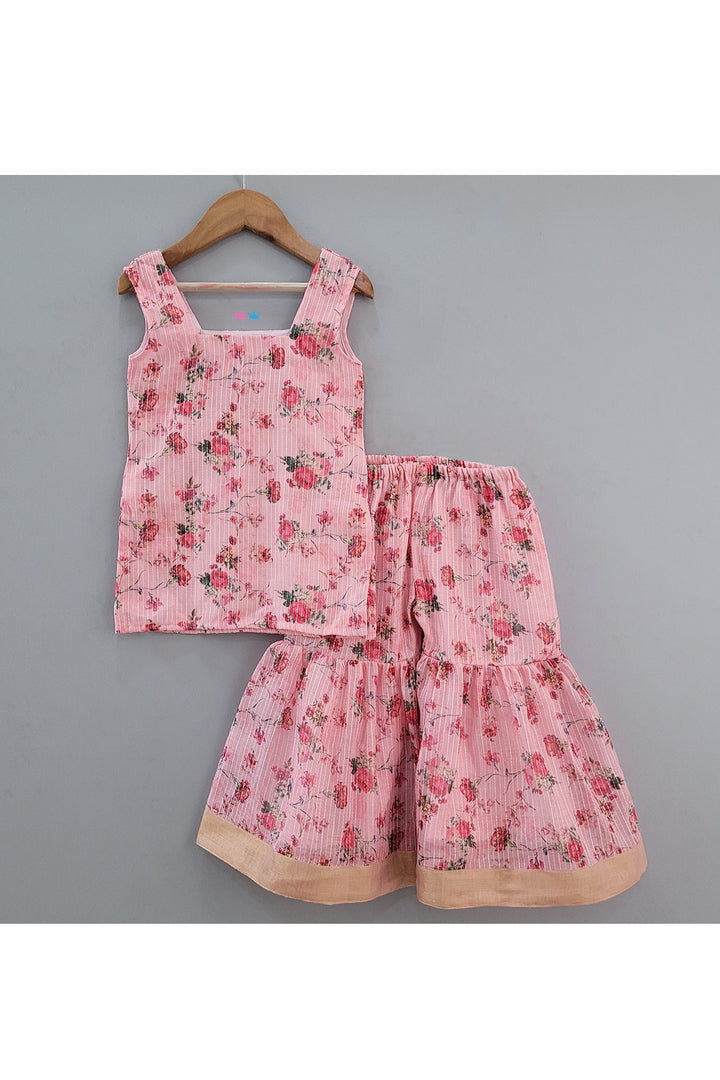 Pink Floral Printed Sleeveless Kurta With Sharara Set