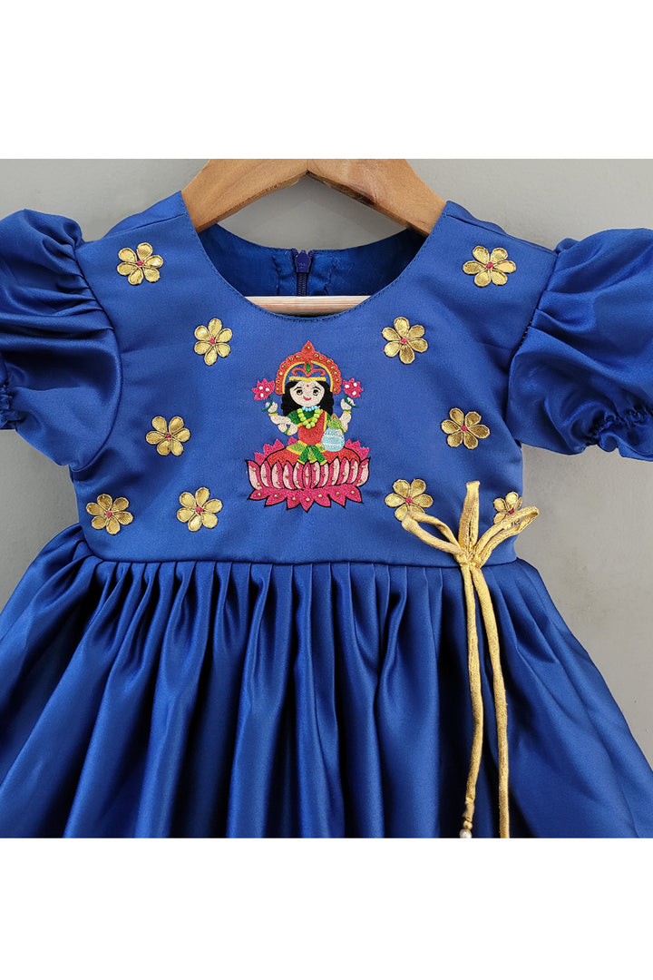 Dark Blue Goddess Laxmi Embroidered Satin Dress