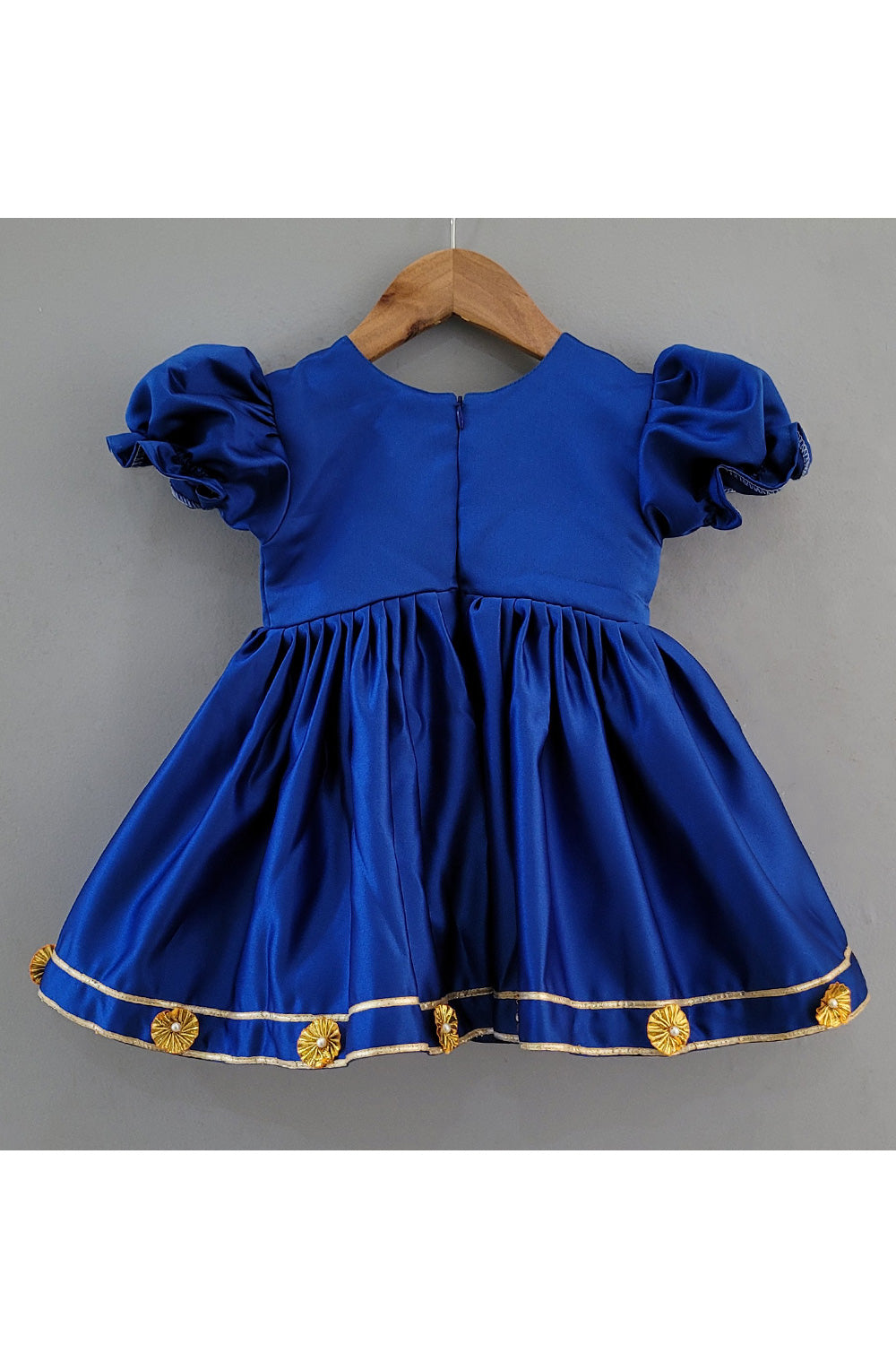 Dark Blue Goddess Laxmi Embroidered Satin Dress