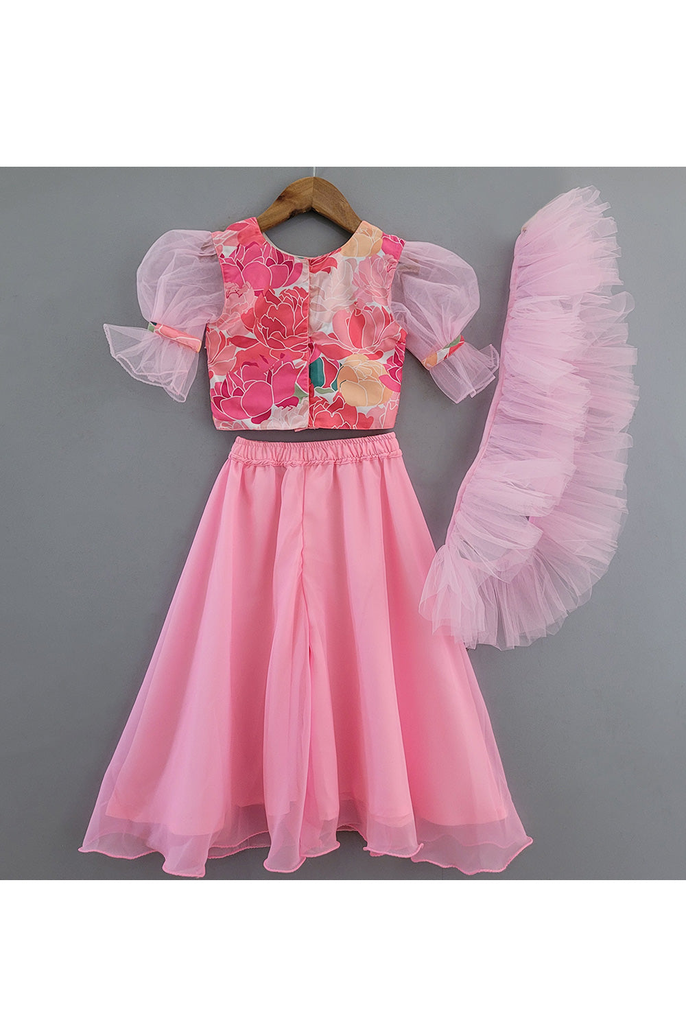 Pink Embroidered Puff Sleeves Top With Palazzo Set