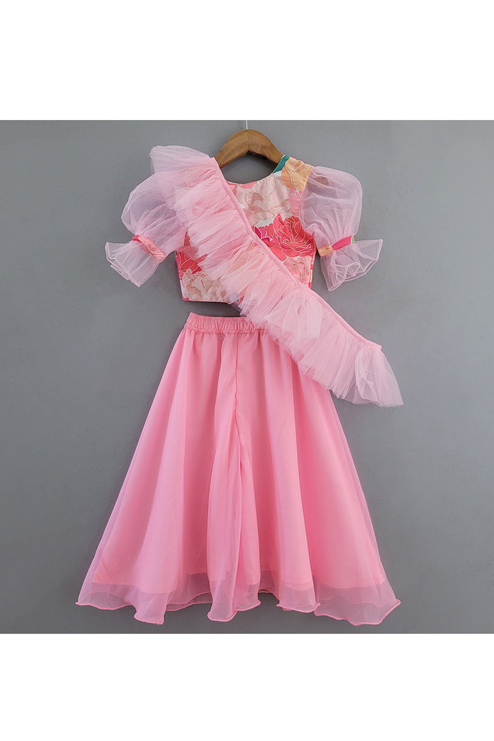 Pink Embroidered Puff Sleeves Top With Palazzo Set