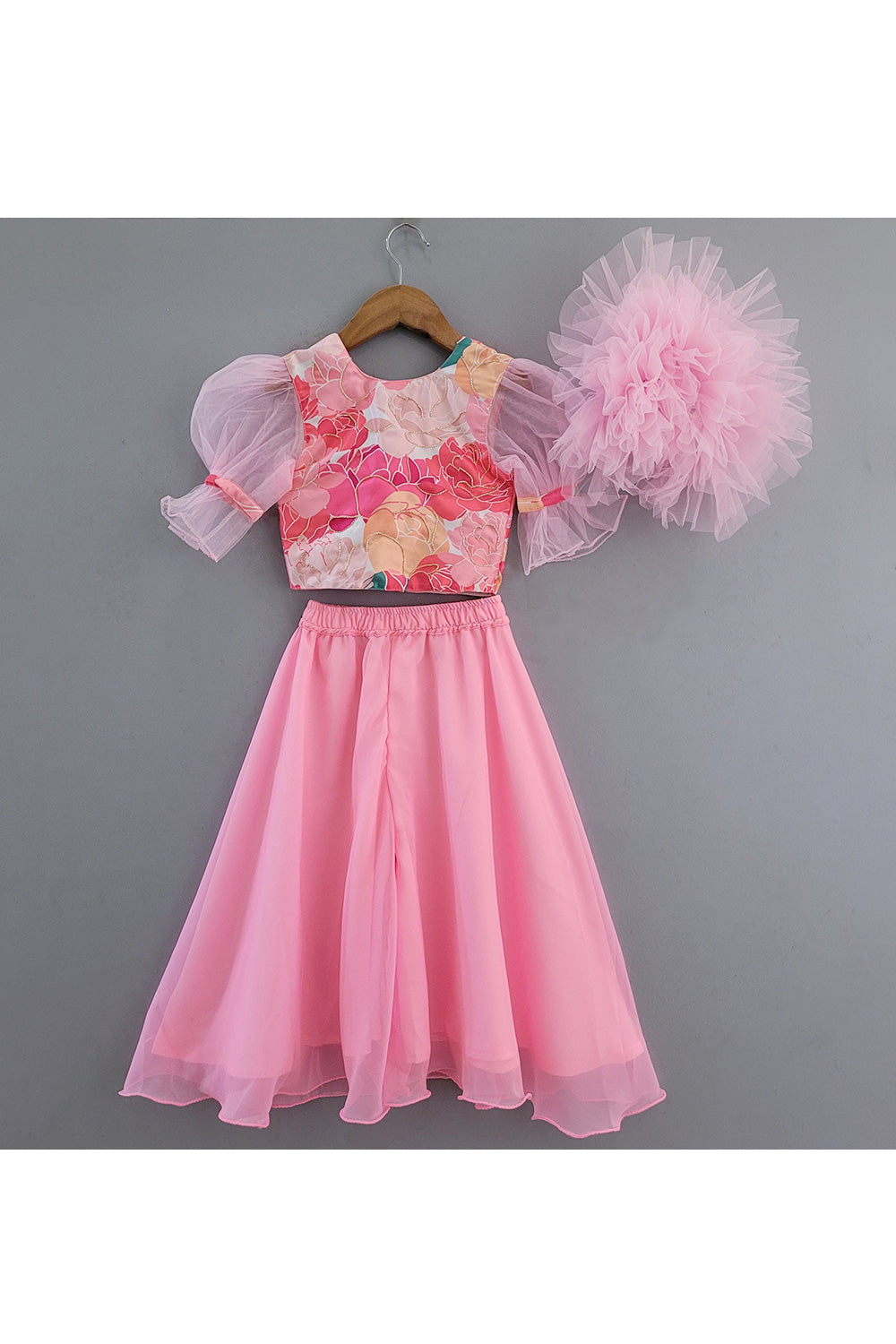 Pink Embroidered Puff Sleeves Top With Palazzo Set