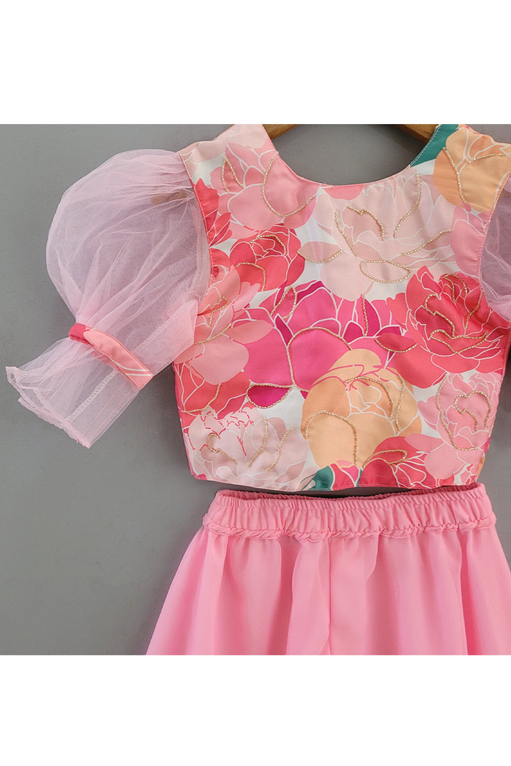 Pink Embroidered Puff Sleeves Top With Palazzo Set