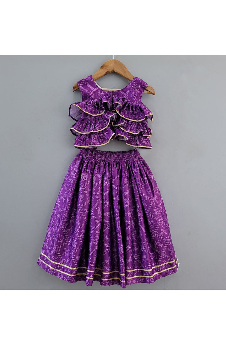 Purple Bandhani Printed Frill Top With Lehenga Set