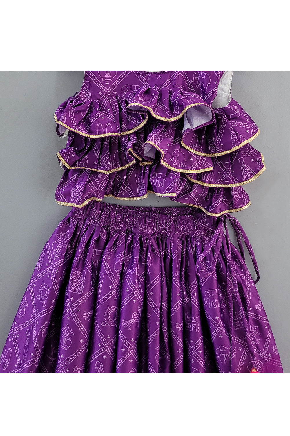 Purple Bandhani Printed Frill Top With Lehenga Set