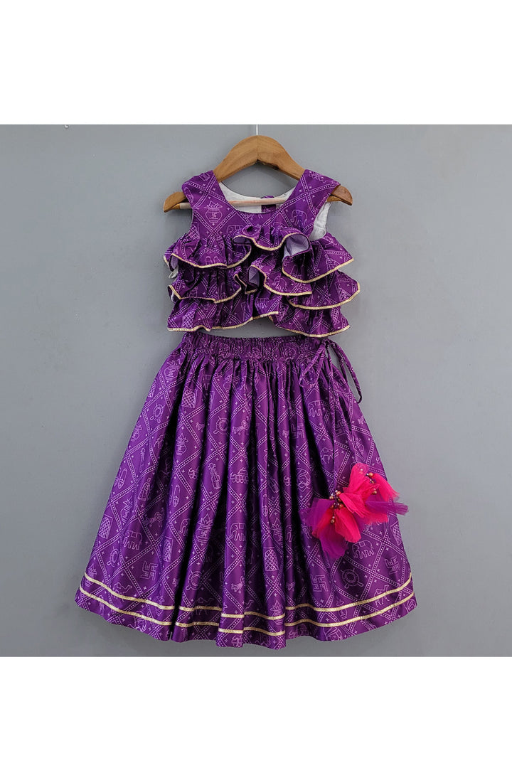 Purple Bandhani Printed Frill Top With Lehenga Set