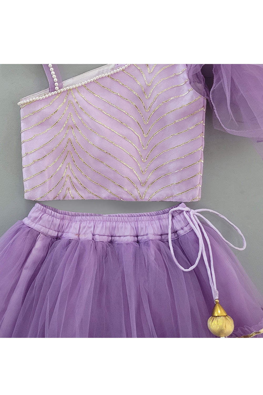 Purple Pearl And Lace Detailing One Shoulder Top With Lehenga Set