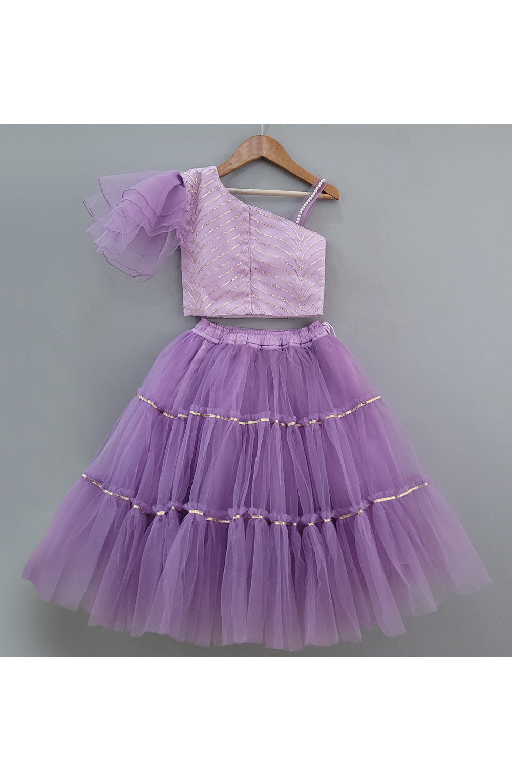 Purple Pearl And Lace Detailing One Shoulder Top With Lehenga Set