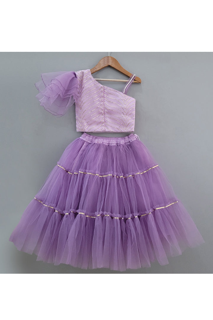 Purple Pearl And Lace Detailing One Shoulder Top With Lehenga Set