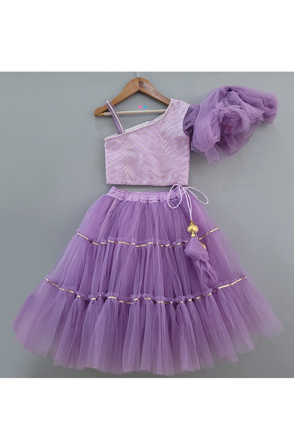 Purple Pearl And Lace Detailing One Shoulder Top With Lehenga Set