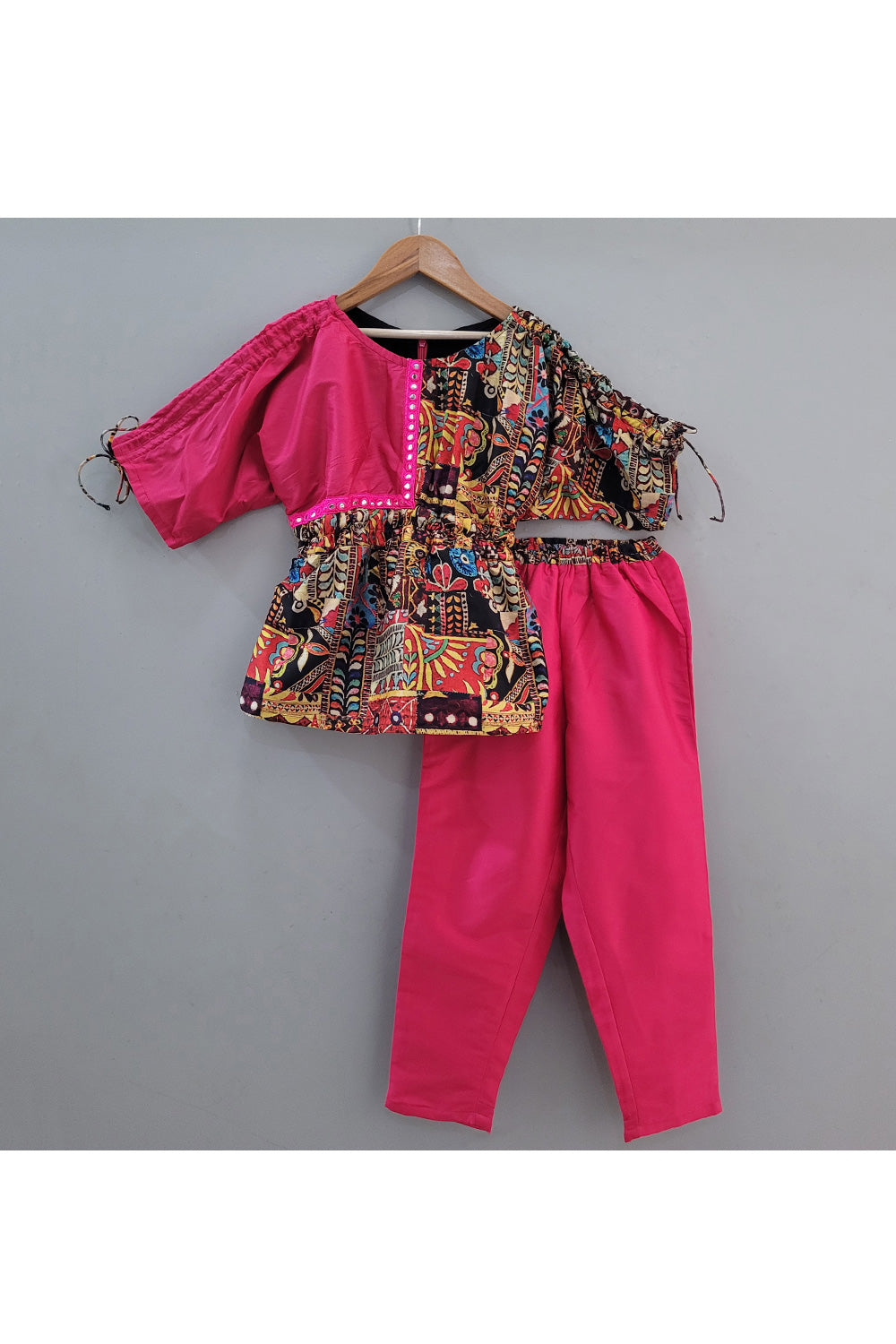 Hot Pink Abstract Printed Top With Pant Set