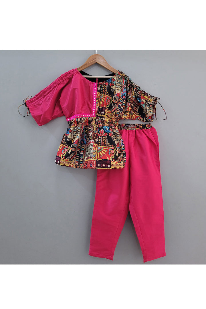Hot Pink Abstract Printed Top With Pant Set
