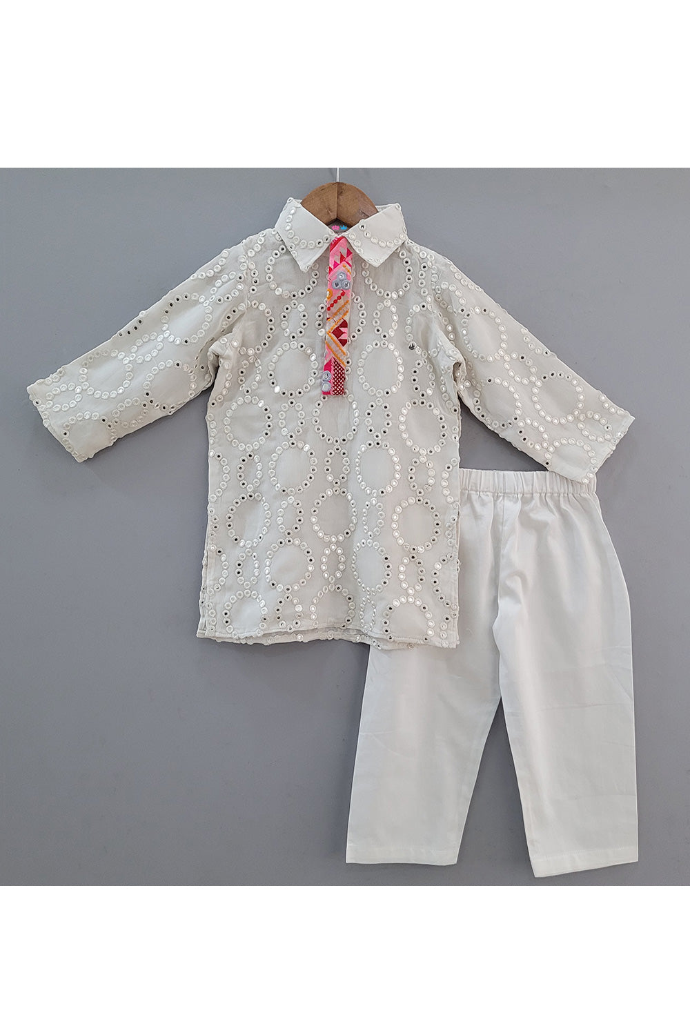 White Faux Mirror Embroidered Kurta With Pyjama Set