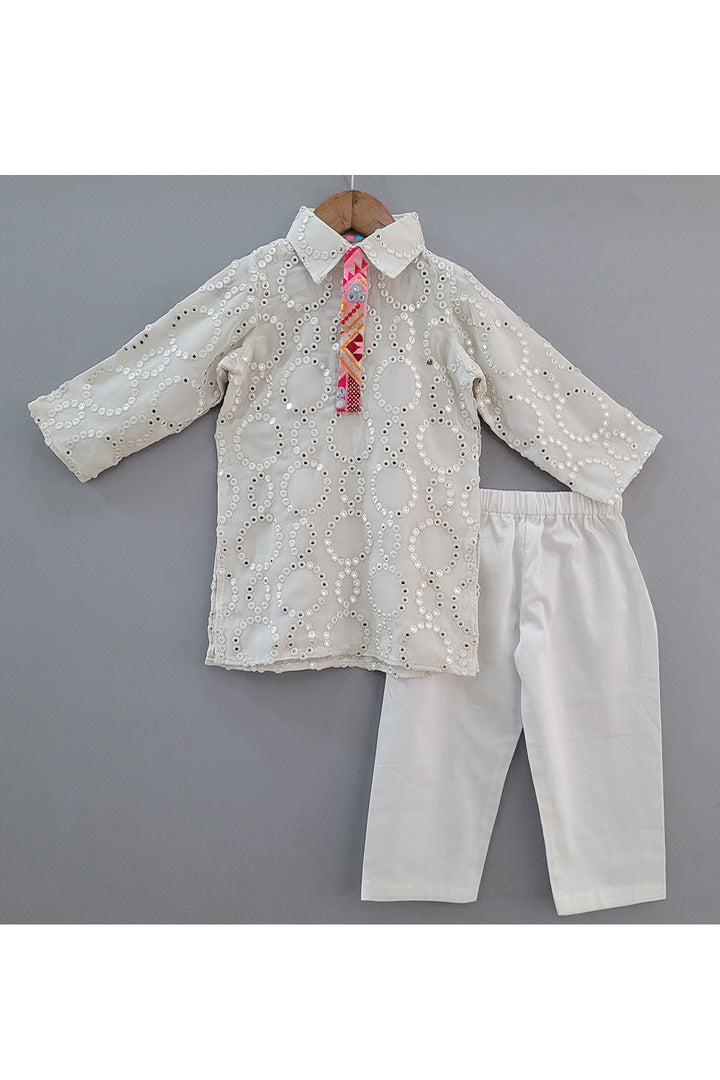 White Faux Mirror Embroidered Kurta With Pyjama Set