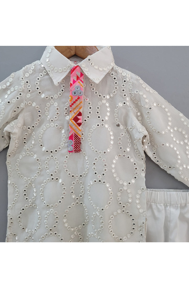 White Faux Mirror Embroidered Kurta With Pyjama Set