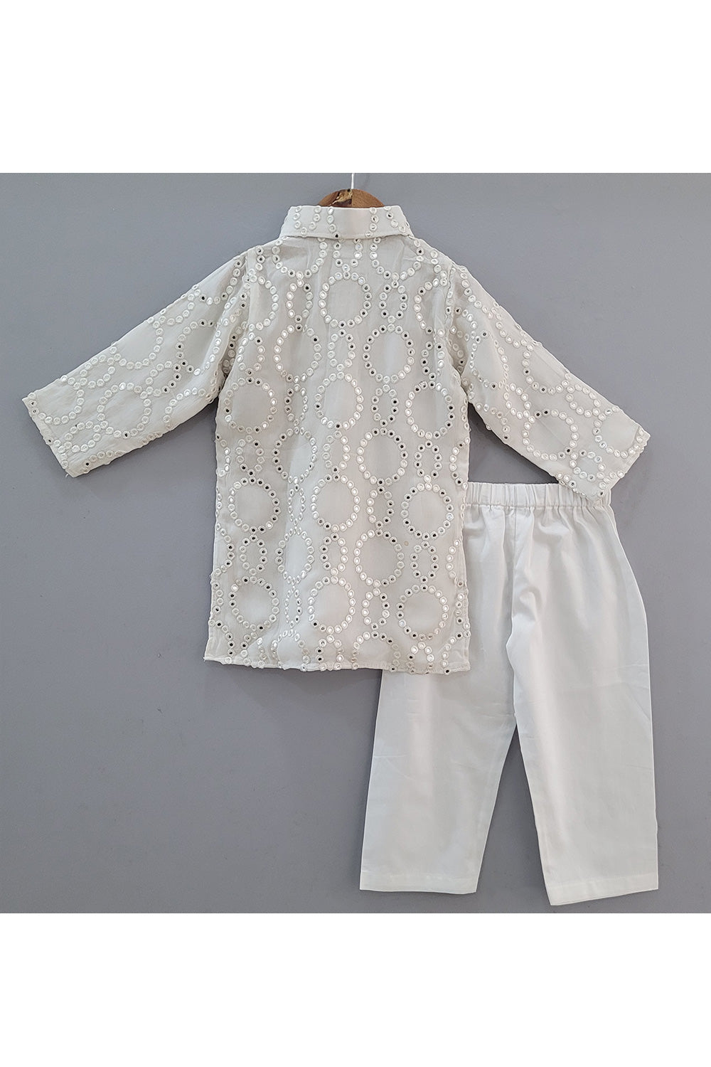White Faux Mirror Embroidered Kurta With Pyjama Set