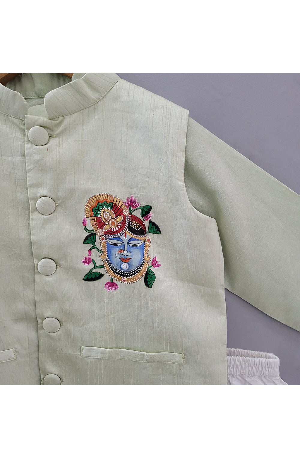 Mint Green Hand Painted Shrinathji Cotton Silk Kurta With Jacket Set