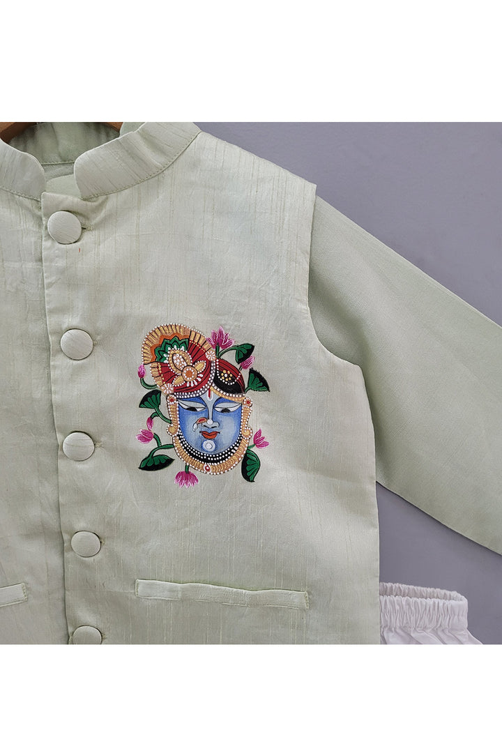 Mint Green Hand Painted Shrinathji Cotton Silk Kurta With Jacket Set