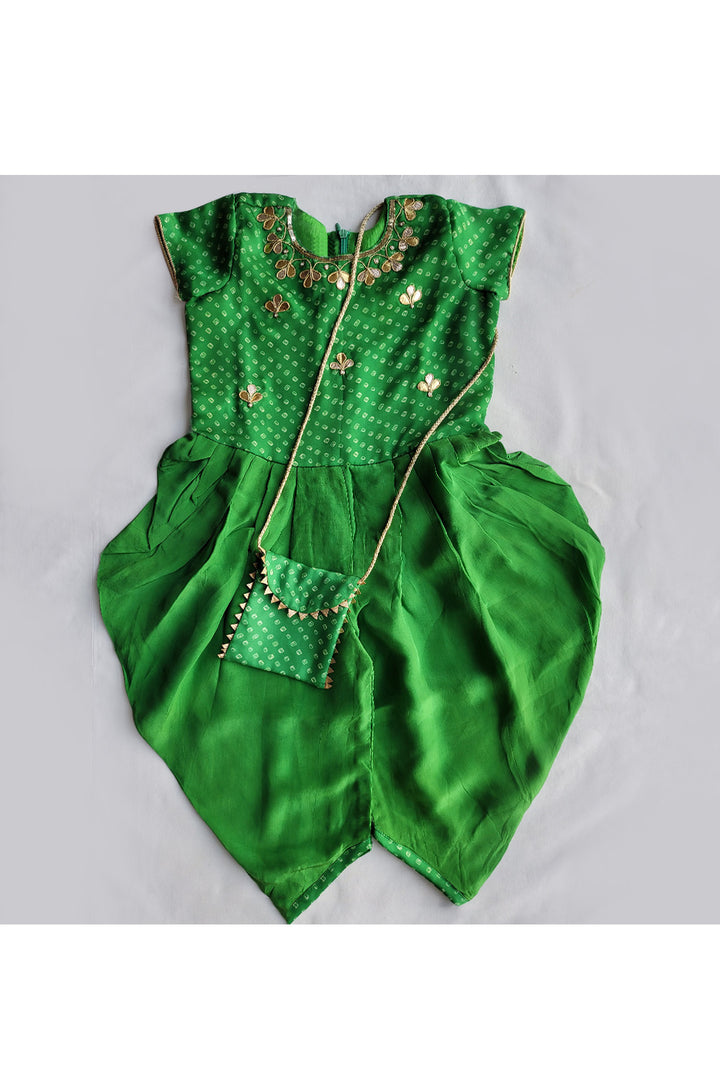 Bandhani printed yoke dhoti jumpsuit and sling bag