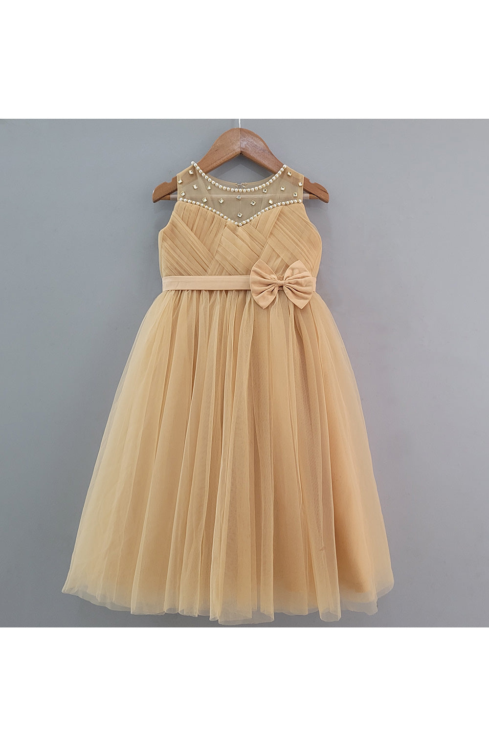 Beige Pearl Detailing Bow Net Gown