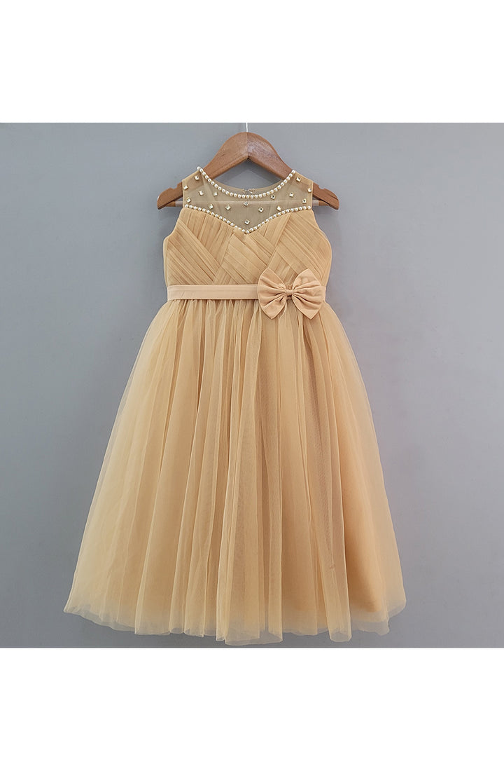 Beige Pearl Detailing Bow Net Gown