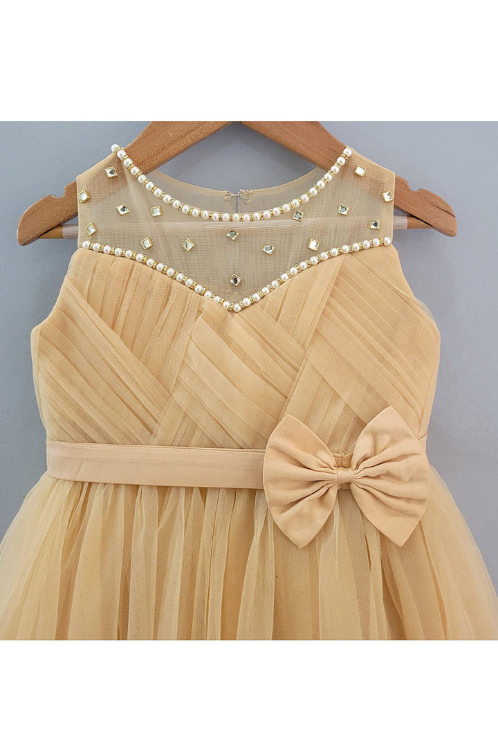 Beige Pearl Detailing Bow Net Gown