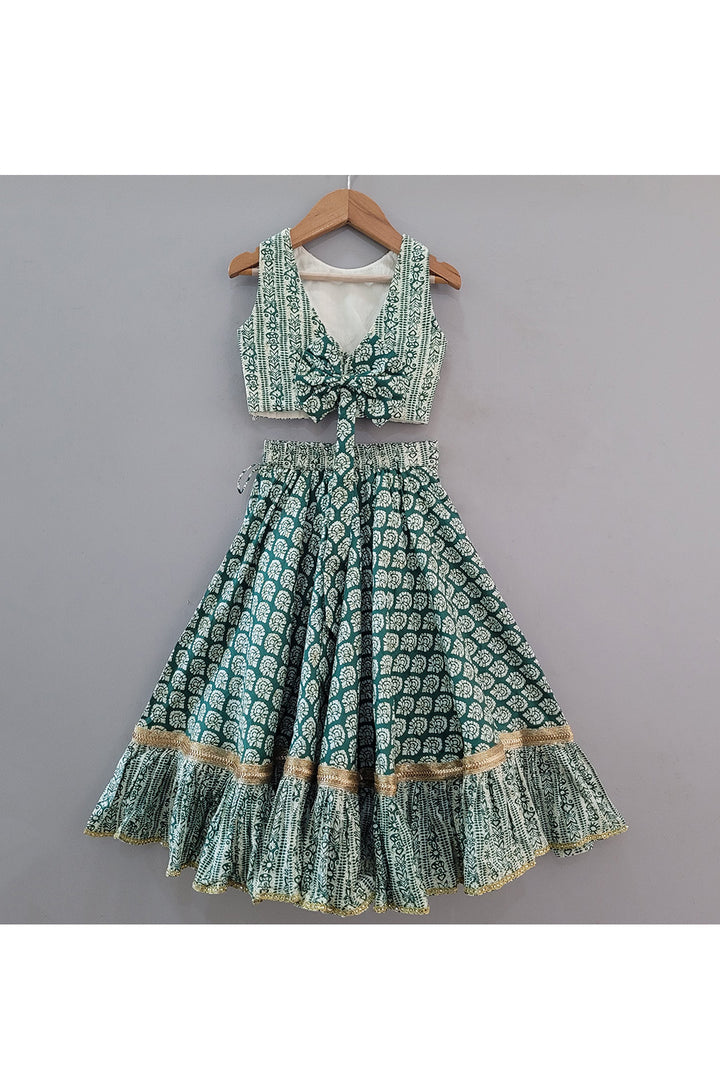 Green Printed Cotton Sleeveless Top With Lehenga Set