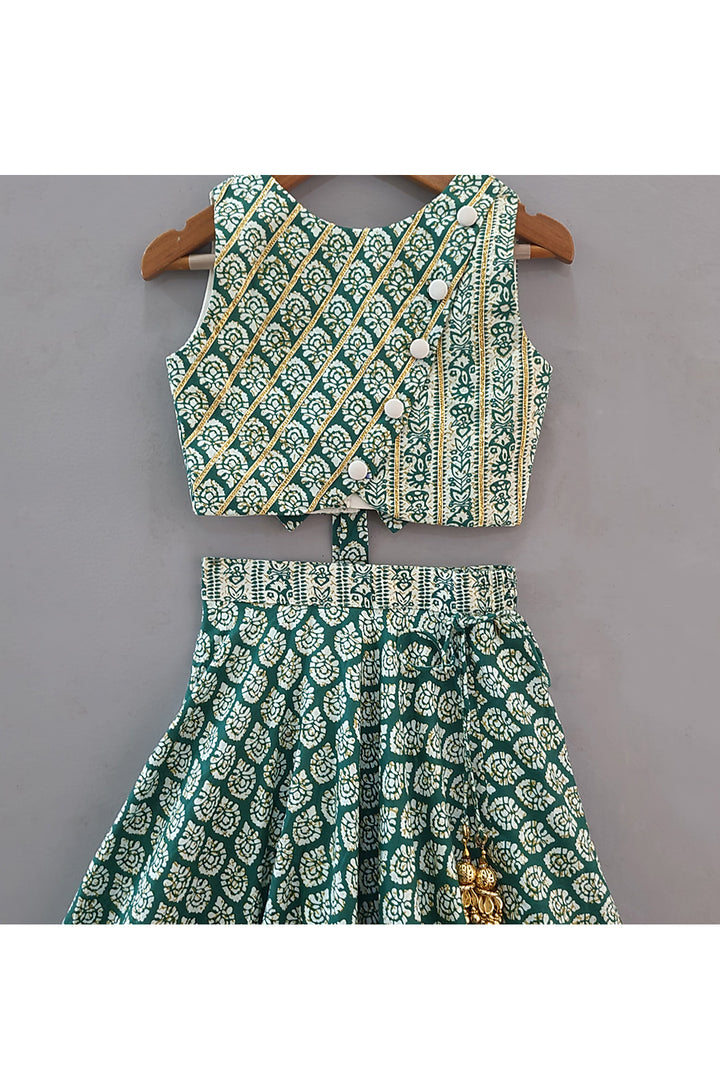 Green Printed Cotton Sleeveless Top With Lehenga Set