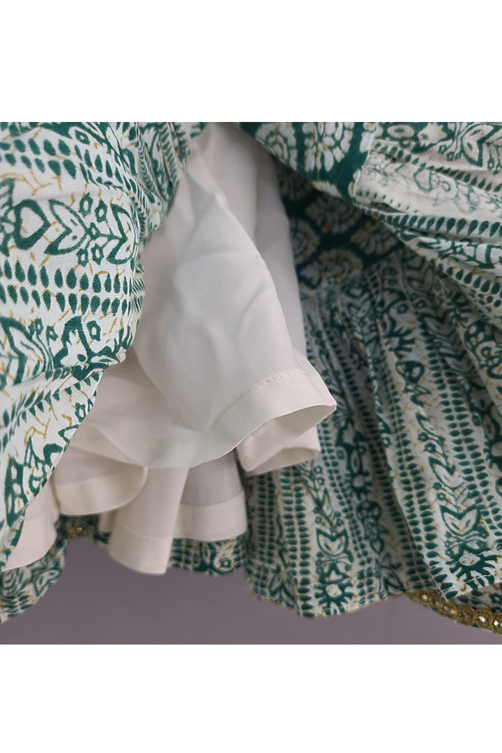Green Printed Cotton Sleeveless Top With Lehenga Set