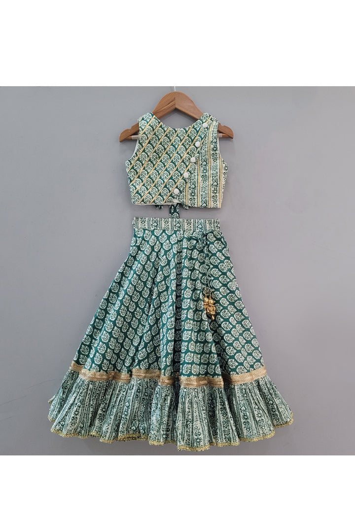 Green Printed Cotton Sleeveless Top With Lehenga Set