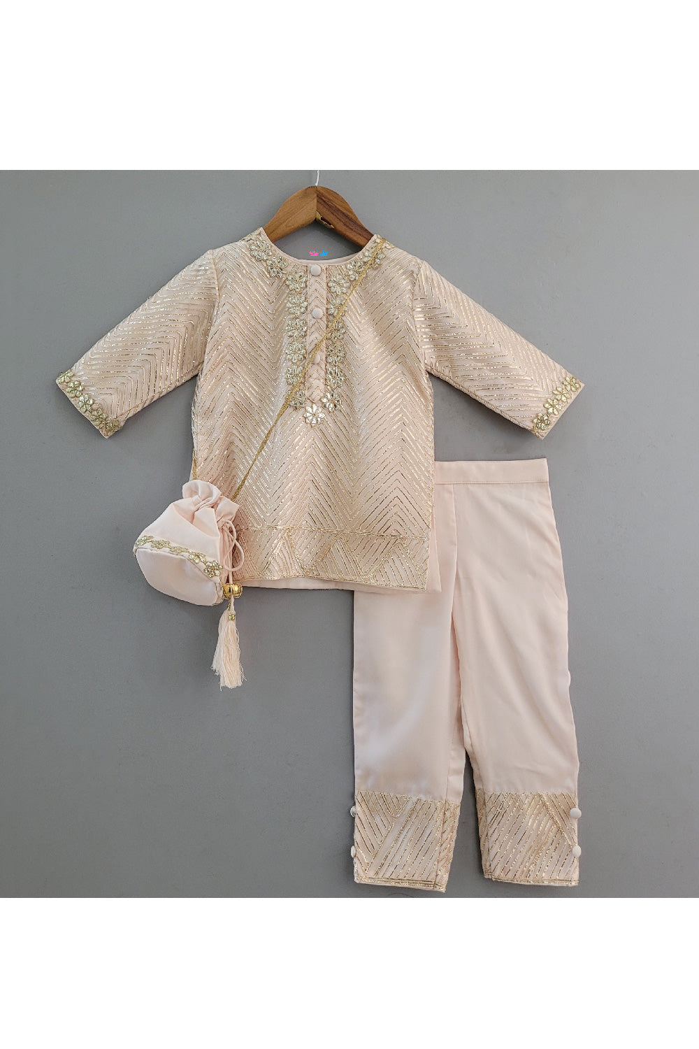 Peach Gota Embroidered Net Kurta And Pant With Sling Bag Set