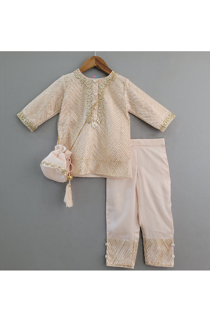 Peach Gota Embroidered Net Kurta And Pant With Sling Bag Set