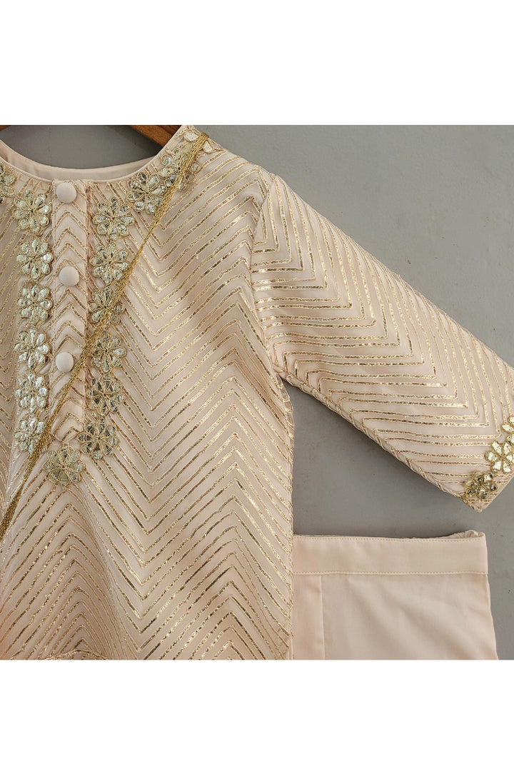 Peach Gota Embroidered Net Kurta And Pant With Sling Bag Set