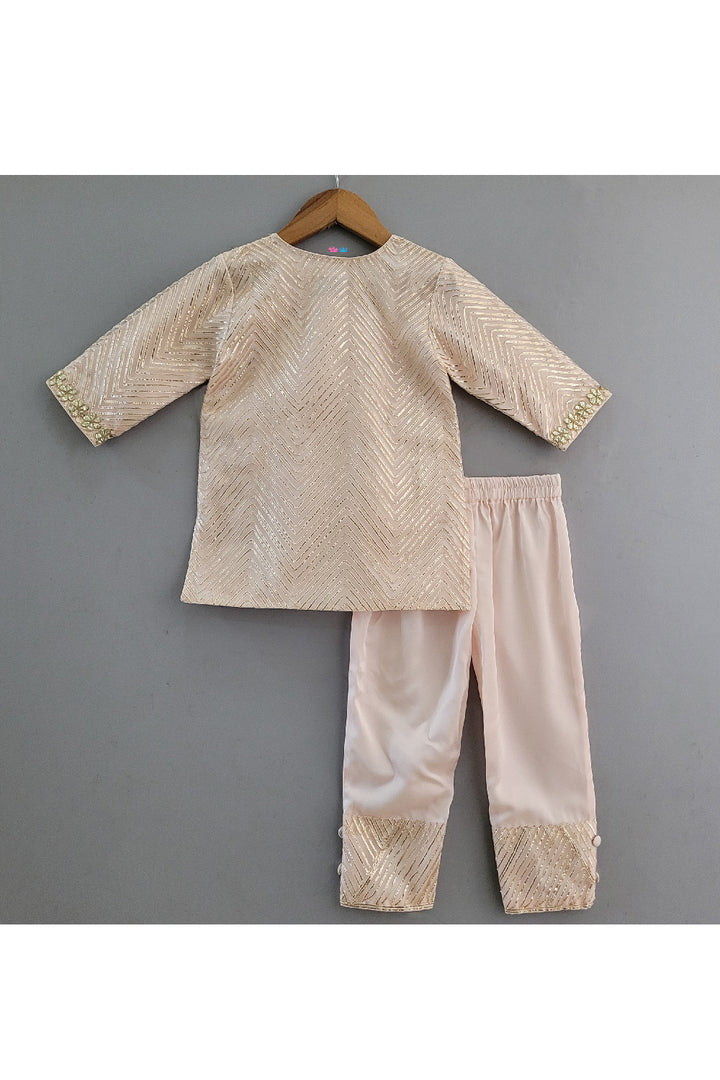Peach Gota Embroidered Net Kurta And Pant With Sling Bag Set