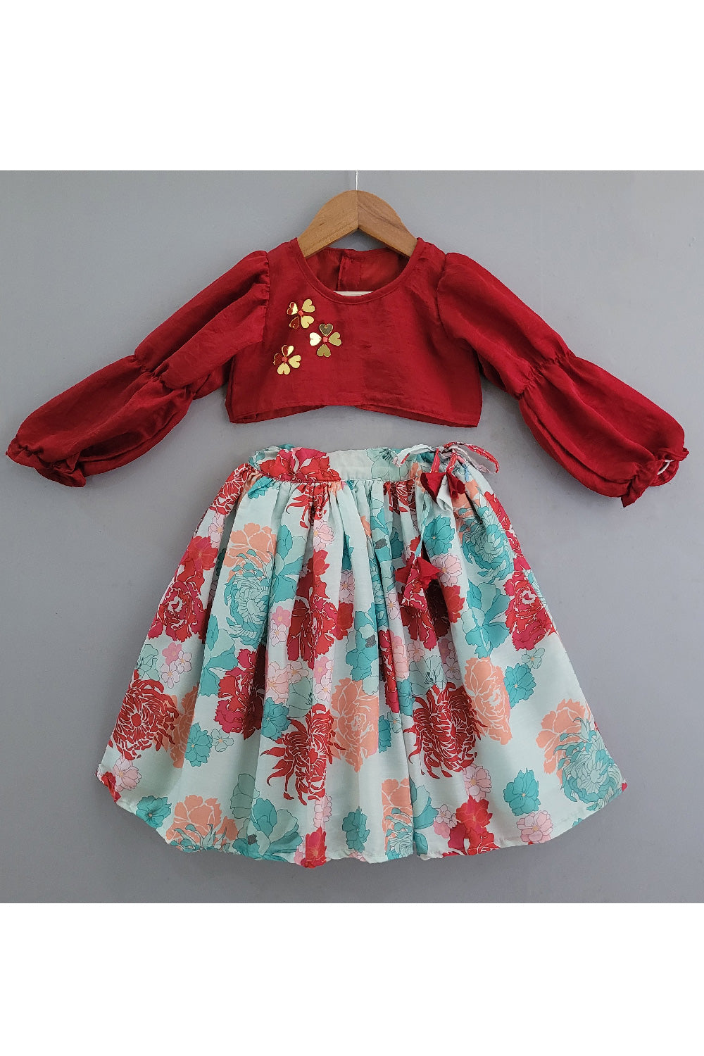 Maroon Embroidered Silk Top With Floral Printed Lehenga Set