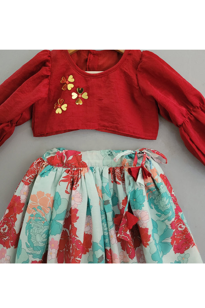 Maroon Embroidered Silk Top With Floral Printed Lehenga Set