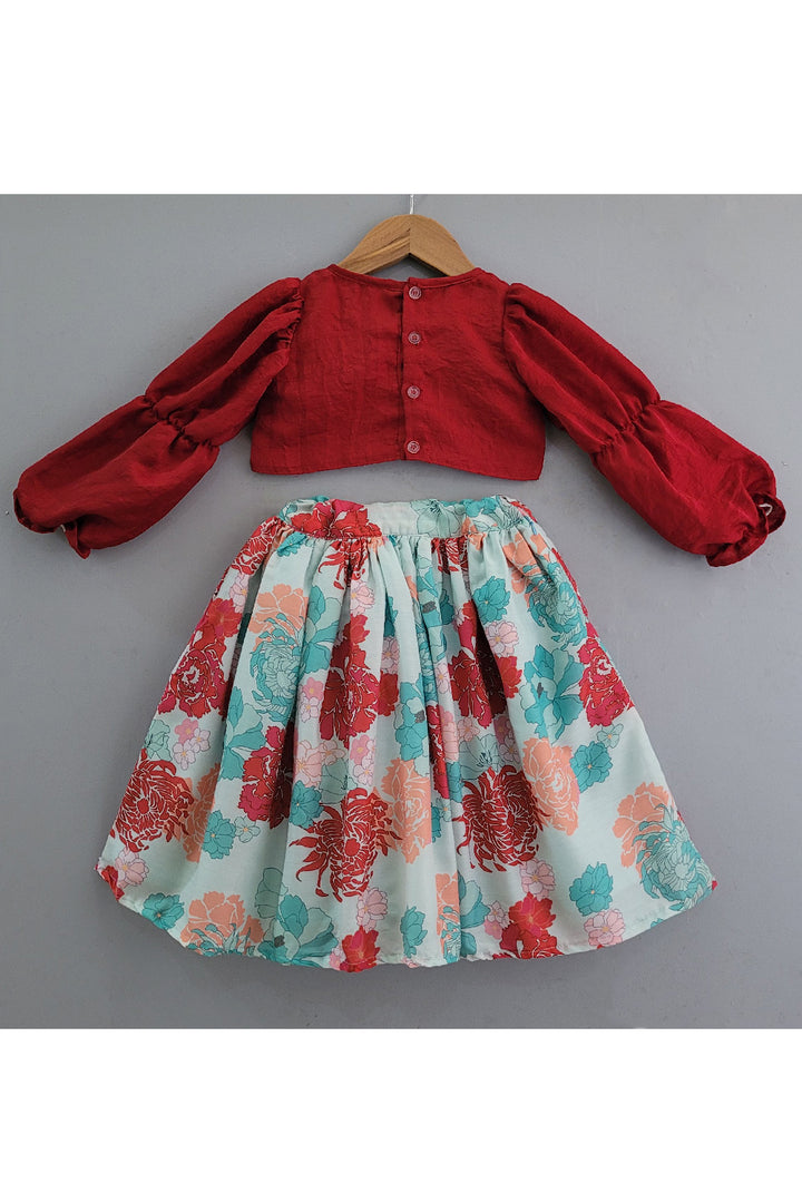 Maroon Embroidered Silk Top With Floral Printed Lehenga Set