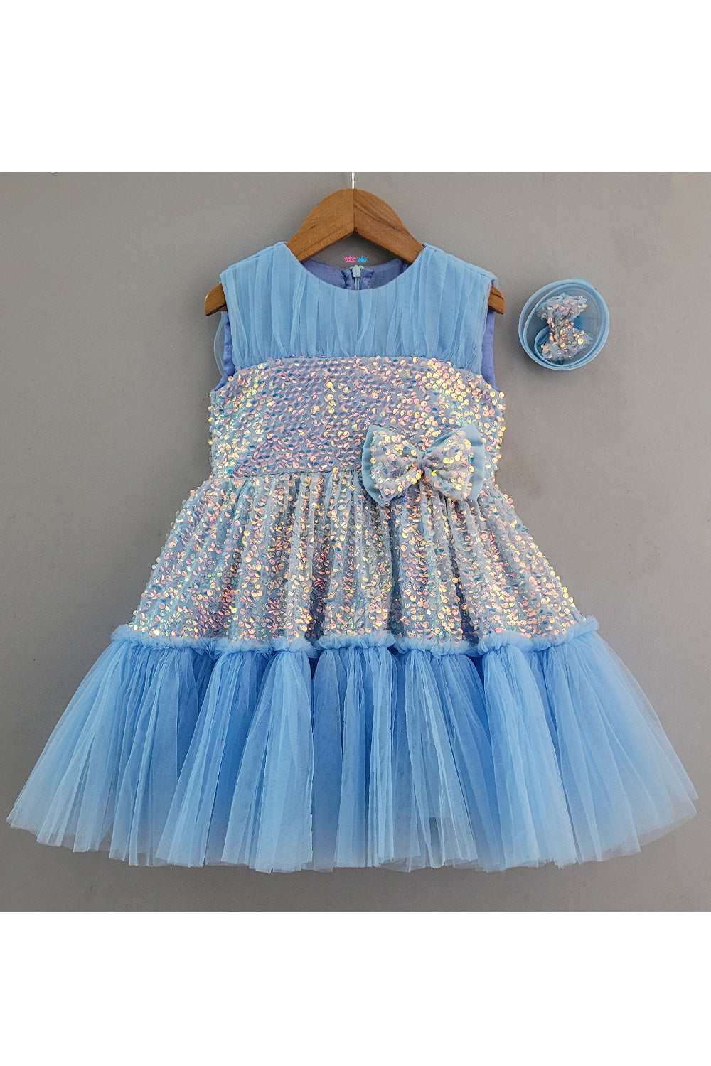 Blue Sequins Embroidered Net Frill Dress