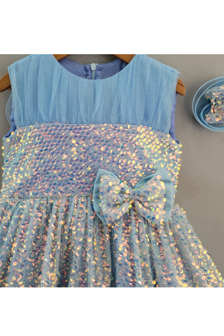 Blue Sequins Embroidered Net Frill Dress