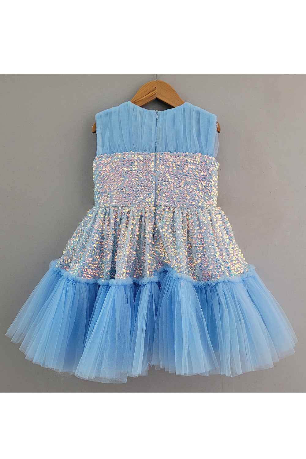 Blue Sequins Embroidered Net Frill Dress