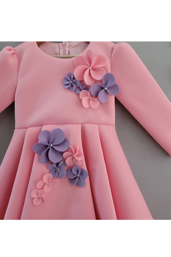 Pink And Blue Flower Detailing Neoprene Dress