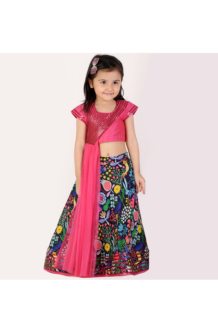 Lace Detailing Cotton Silk Top With Attached Dupatta And Printed Lehenga Set