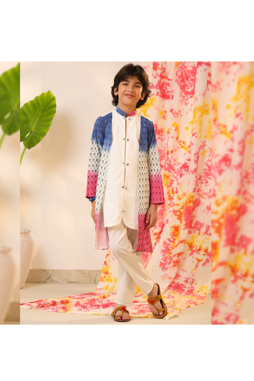 Off White Cotton Kurta With Attached Printed Jacket Set