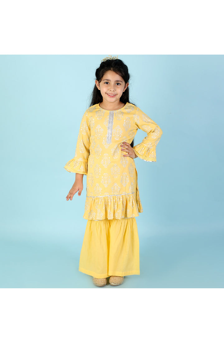 Yellow Floral Printed Kurta With Sharara Set