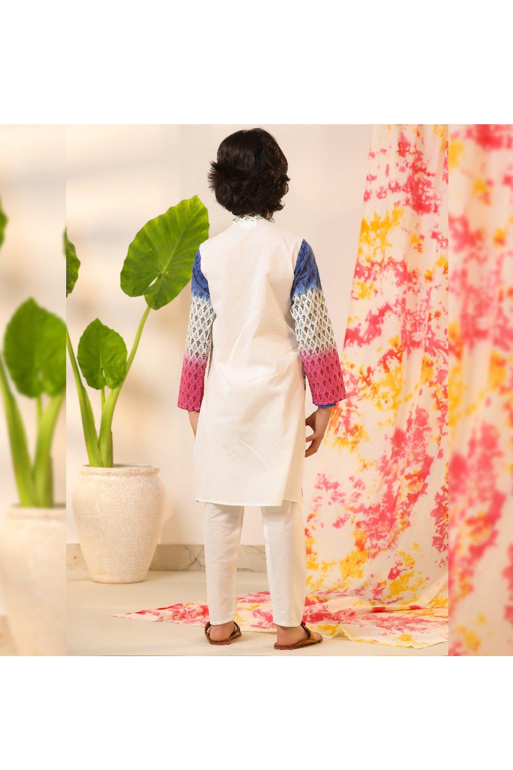 Off White Cotton Kurta With Attached Printed Jacket Set