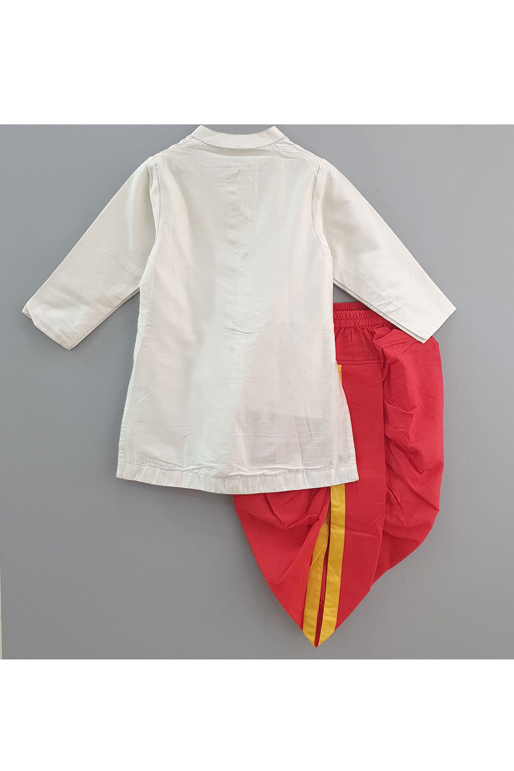Off white scooter embroidered motif kurta and red dhoti