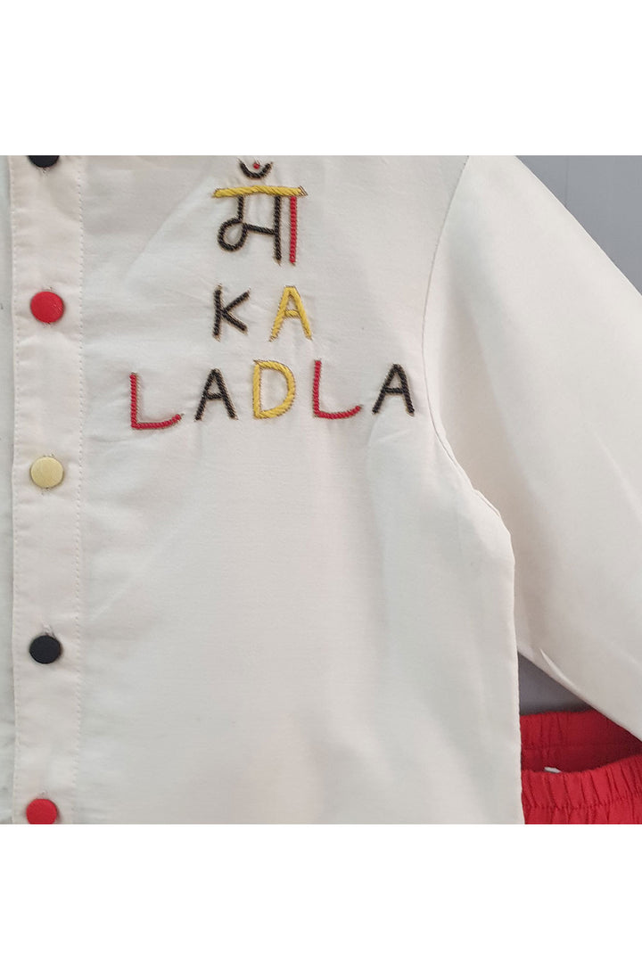 Off white scooter embroidered motif kurta and red dhoti