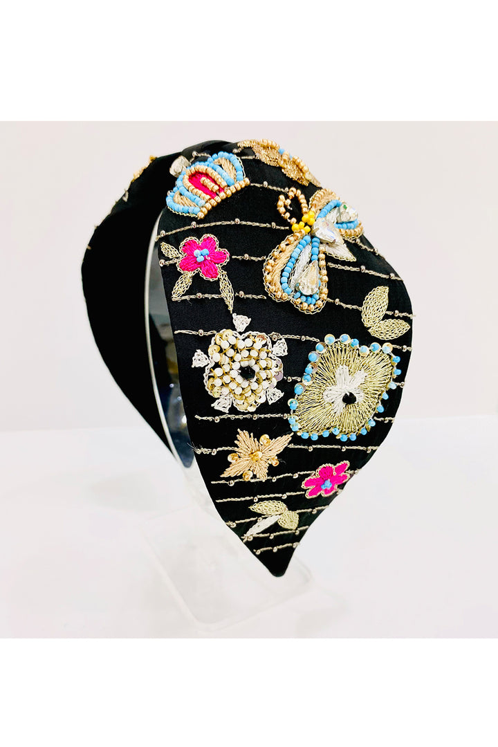 Black pure crepe butterfly and flower hairband